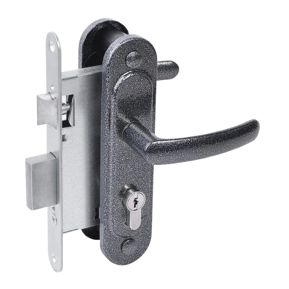 Фото Замок врезной цилиндровый с защёлкой в комплекте с ручкой ЗВ4.2-08 (серебро антик), 4 кл.