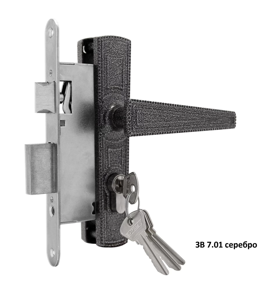 Фото Замок врезной цилиндровый с защёлкой в комплекте с ручкой ЗВ7.01 (серебро), 4 кл.